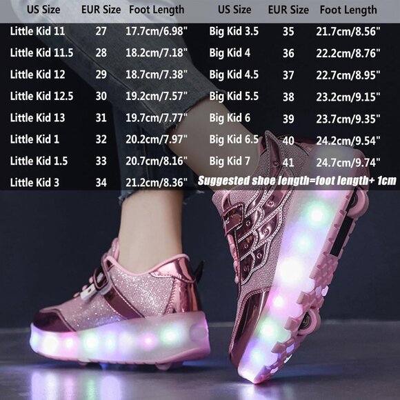 Kids Rose Usb Chargeable Led Light Up Wheeled Skate Sneaker Shoes - Picture 8 of 9